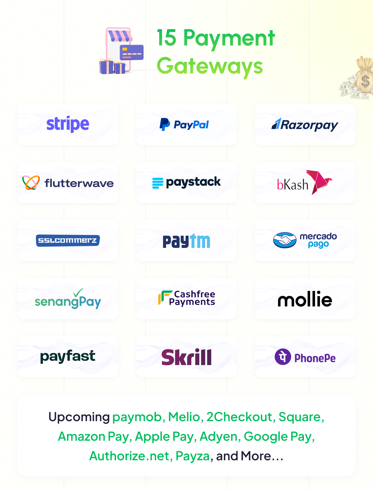 Payment Gateways included with storeking are PayPal, Stripe, RazorPay, FlutterWave, PayStack, Bkash, Sslcommerz, PayTm, MercadoPago, SenangPay, Cashfree, Mollie, Skrill, PhonePe