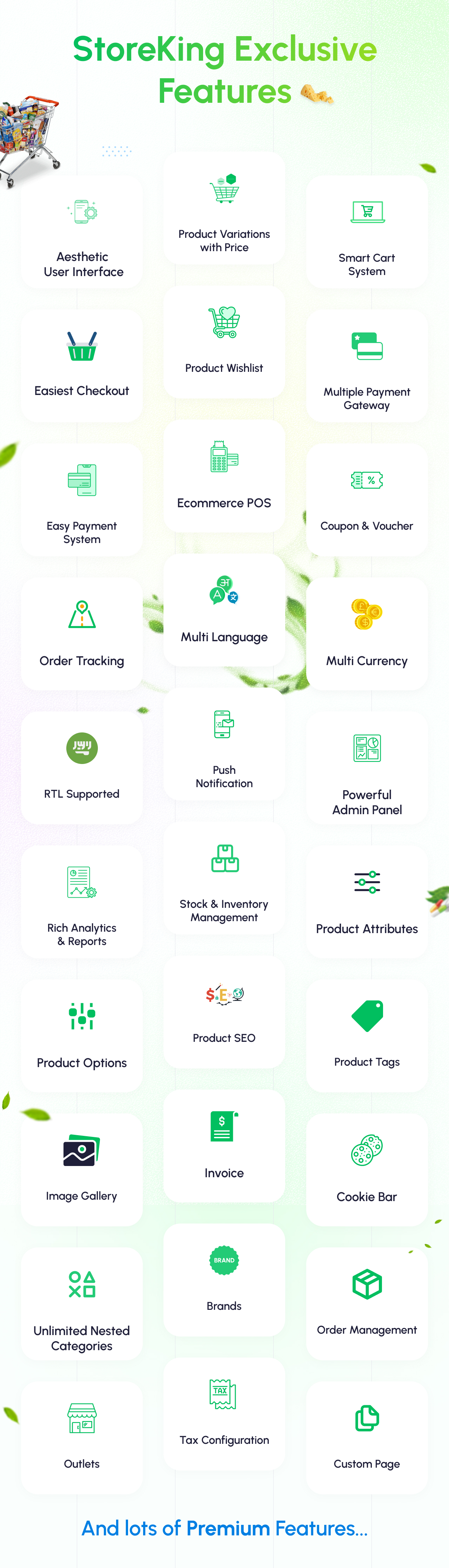 StoreKing features are Pos, aesthetic user interface, home delivery, product variant with price, easiest checkout, product wishlist, coupon, and voucher, easy payment system, order tracking, chat, manage product variation and addons, multi-language, multiple payment gateways, advanced reporting system, spa, single page, push notification and a lot more